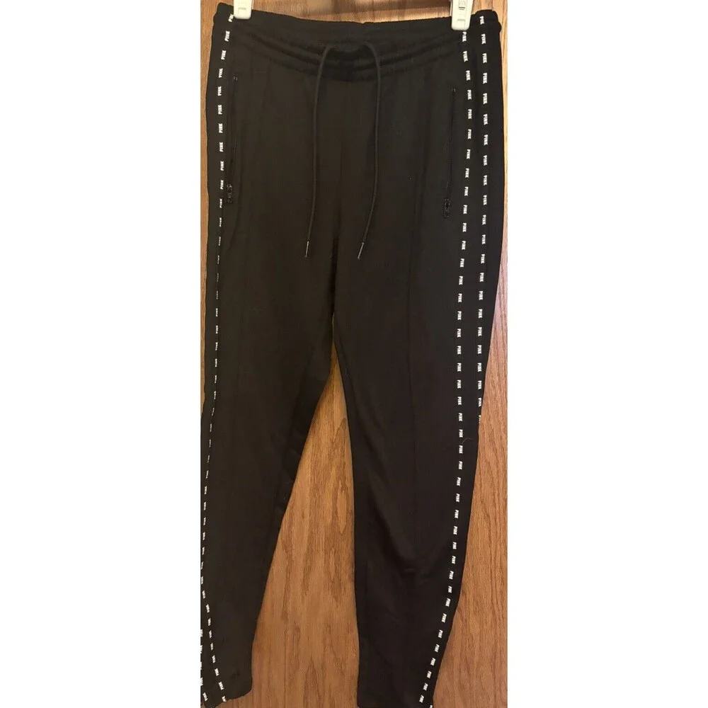 Pink Victoria Secret Tapered Track Pocketed Sweatpants Black Sz M Side Zippers